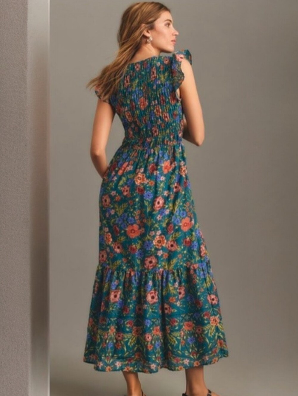 Anthropologie Peregrine Floral Midi Dress Medium Petite Pockets - Picture 4 of 16